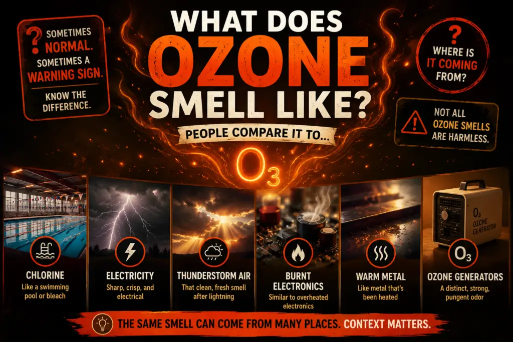 What does ozone smell like infographic showing ozone compared to chlorine, electricity, thunderstorms, burnt electronics, and warm metal.