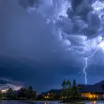 Photorealistic thunderstorm approaching a suburban neighborhood at dusk, dramatic lightning illuminating dark storm clouds, faint blue electrical glow in the air, cinematic atmosphere, highly detailed, realistic weather photography, mysterious mood. Large empty space in the sky for website title text. Colors: deep blues, grays, and white lightning.