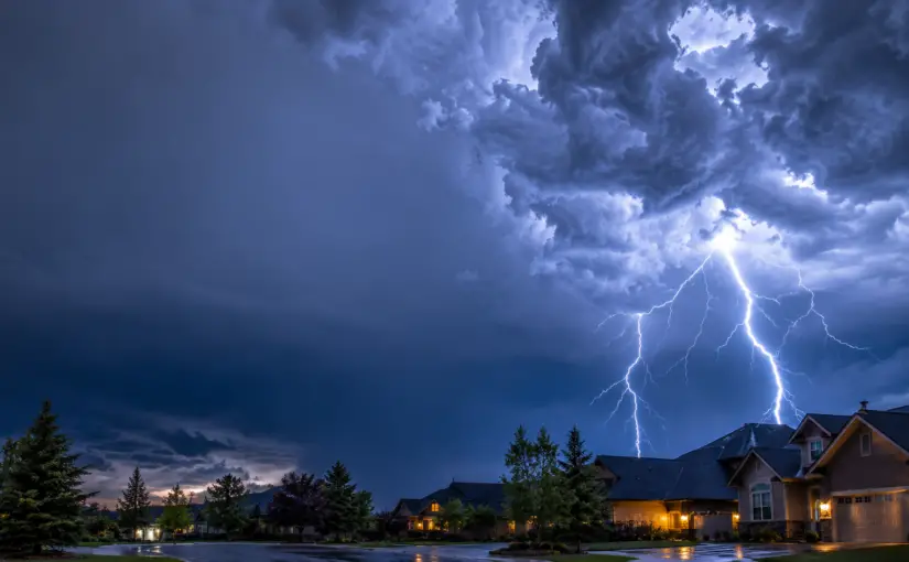 Photorealistic thunderstorm approaching a suburban neighborhood at dusk, dramatic lightning illuminating dark storm clouds, faint blue electrical glow in the air, cinematic atmosphere, highly detailed, realistic weather photography, mysterious mood. Large empty space in the sky for website title text. Colors: deep blues, grays, and white lightning.