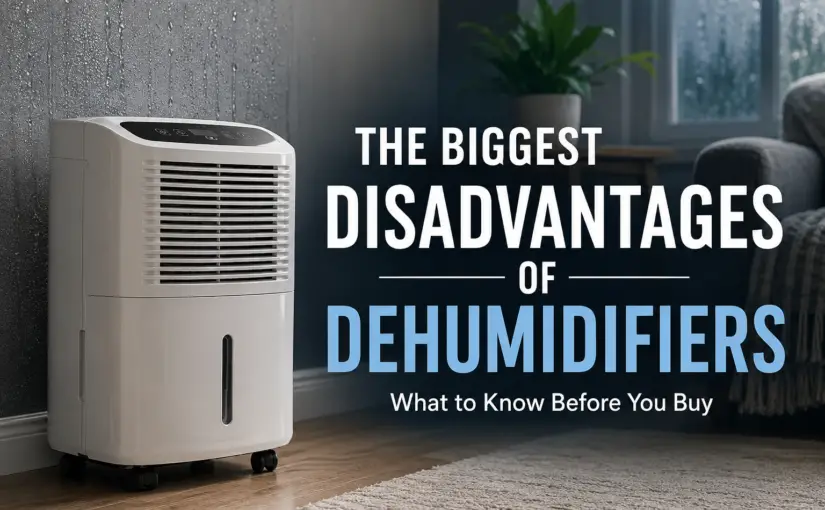 Portable home dehumidifier illustrating the biggest disadvantages of dehumidifiers, including noise, maintenance, heat, and energy use.