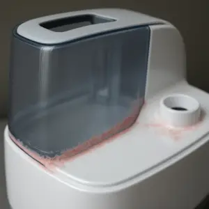Close-up photo of pink mold growing inside a humidifier water tank.
