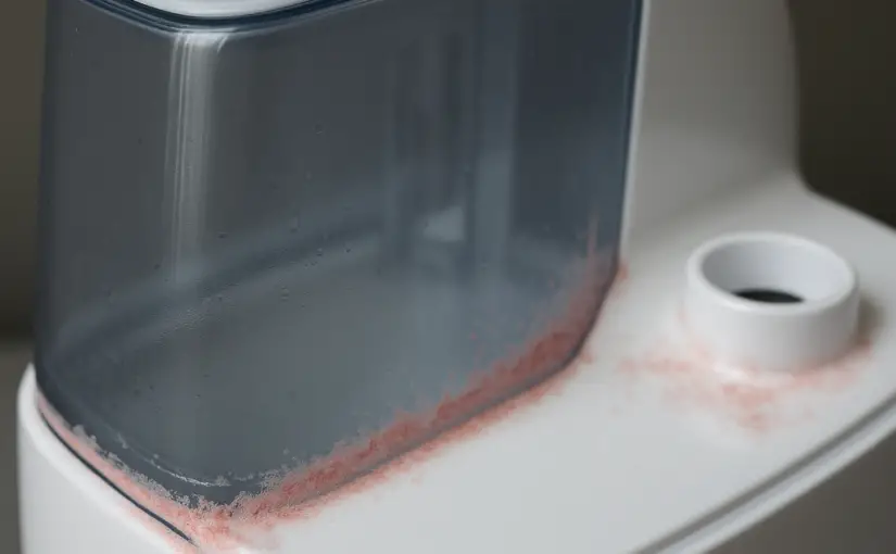 Close-up photo of pink mold growing inside a humidifier water tank.