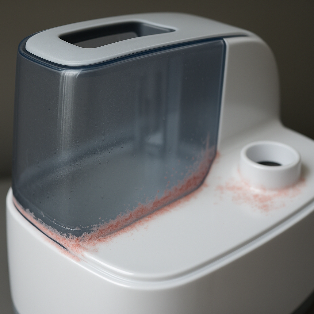 Close-up photo of pink mold growing inside a humidifier water tank.