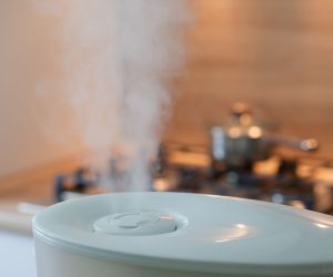 A picture of a humidifier with mist coming out the top