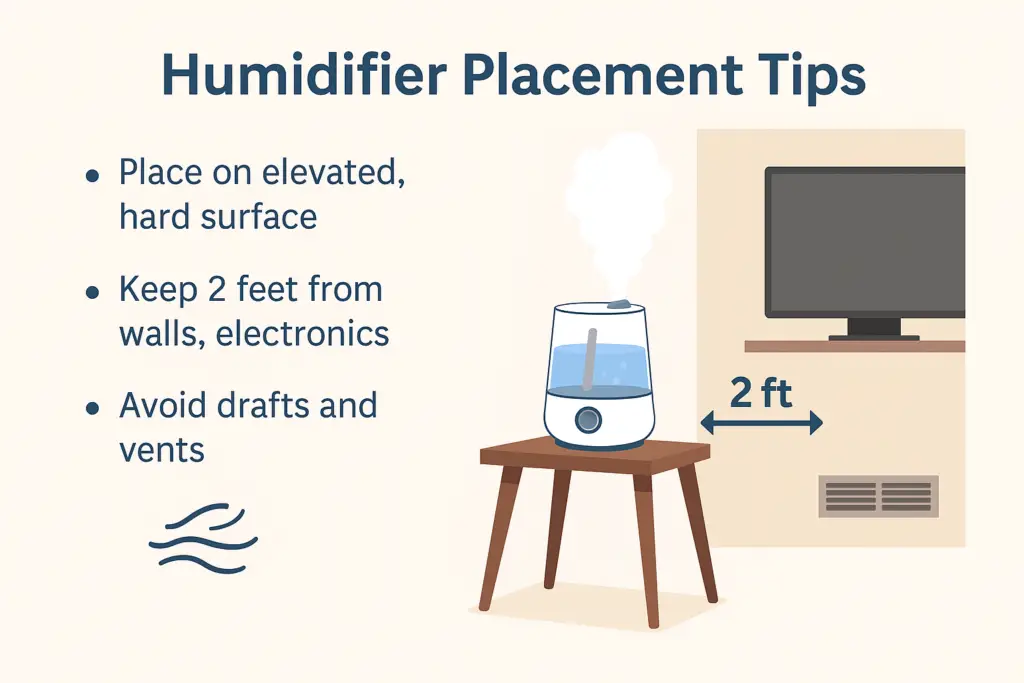 Illustration of proper humidifier placement showing distance from walls, electronics, and vents with safety guidelines