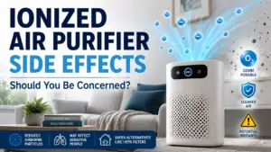 Modern ionized air purifier with illuminated ion button showing negative ions and potential ozone concerns