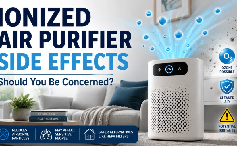 Modern ionized air purifier with illuminated ion button showing negative ions and potential ozone concerns
