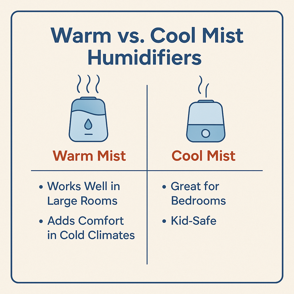 Comparison chart of warm mist vs. cool mist humidifiers, showing room suitability and key benefits