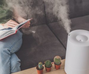 A woman reading near a humidifier not misting very good