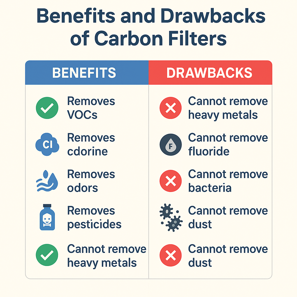 Infographic comparing benefits and drawbacks of carbon filters for air and water