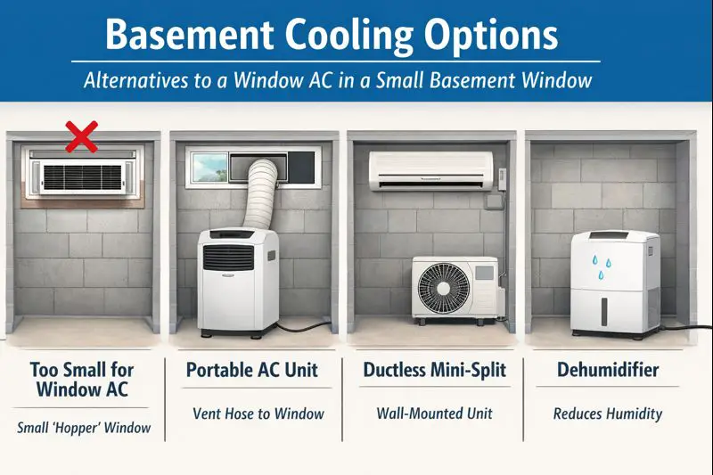 Basement cooling options showing why a window air conditioner does not fit small basement windows, with alternatives including a portable AC unit with vent hose, a ductless mini-split system, and a dehumidifier to control humidity 