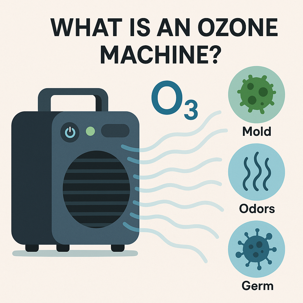 Illustration of an ozone machine releasing ozone gas (O₃) with icons representing mold, odors, and germs