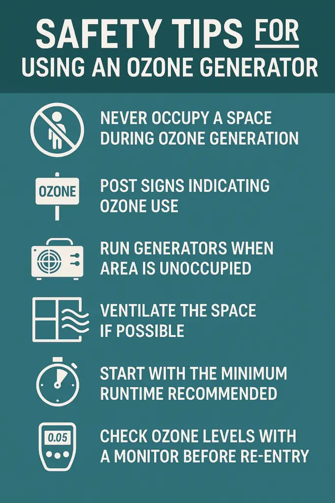 Infographic listing six safety tips for using an ozone generator, including avoiding occupied spaces, posting warning signs, ventilating, and checking ozone levels before re-entry.