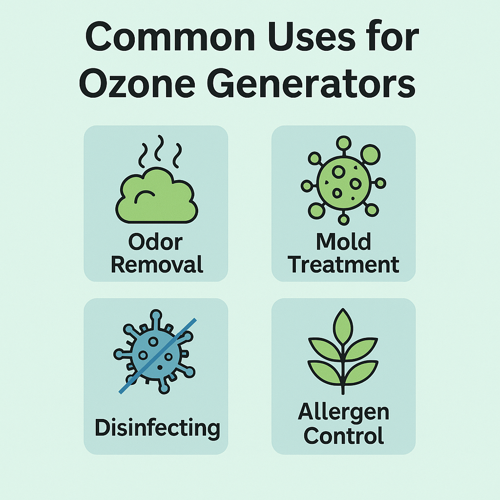 Infographic showing four common uses for ozone generators: odor removal, mold treatment, disinfecting, and allergen control, each with a corresponding icon.