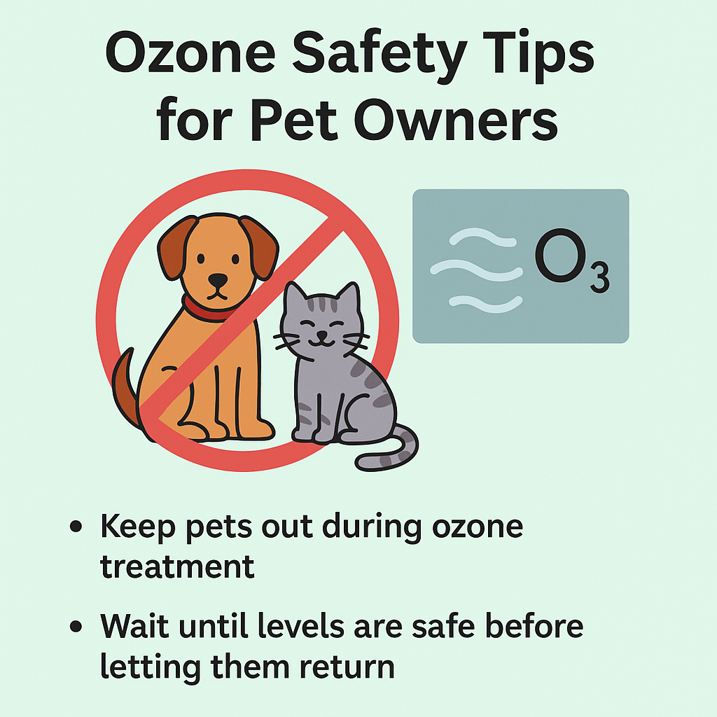 Infographic with the title 'Ozone Safety Tips for Pet Owners' showing a dog and cat behind a red prohibition sign, advising to keep pets out during ozone treatment and wait until it’s safe before letting them return