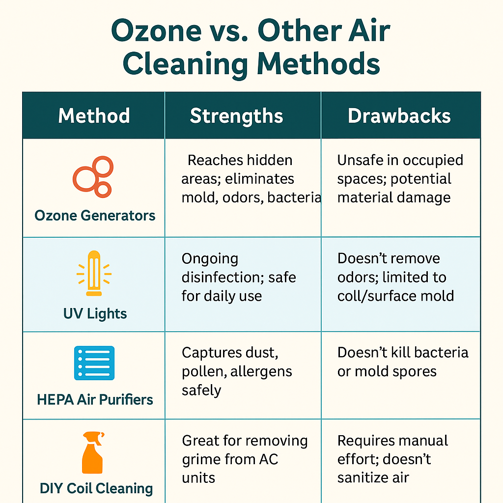 Comparison chart showing ozone generators, UV lights, HEPA air purifiers, and DIY coil cleaning, with strengths and drawbacks listed for each air cleaning method.