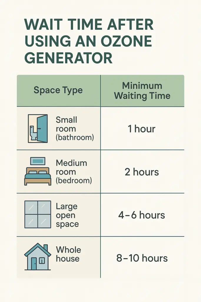 Infographic showing recommended wait times after using an ozone generator for different space sizes: 1 hour for a small room, 2 hours for a medium room, 4–6 hours for a large open space, and 8–10 hours for a whole house.