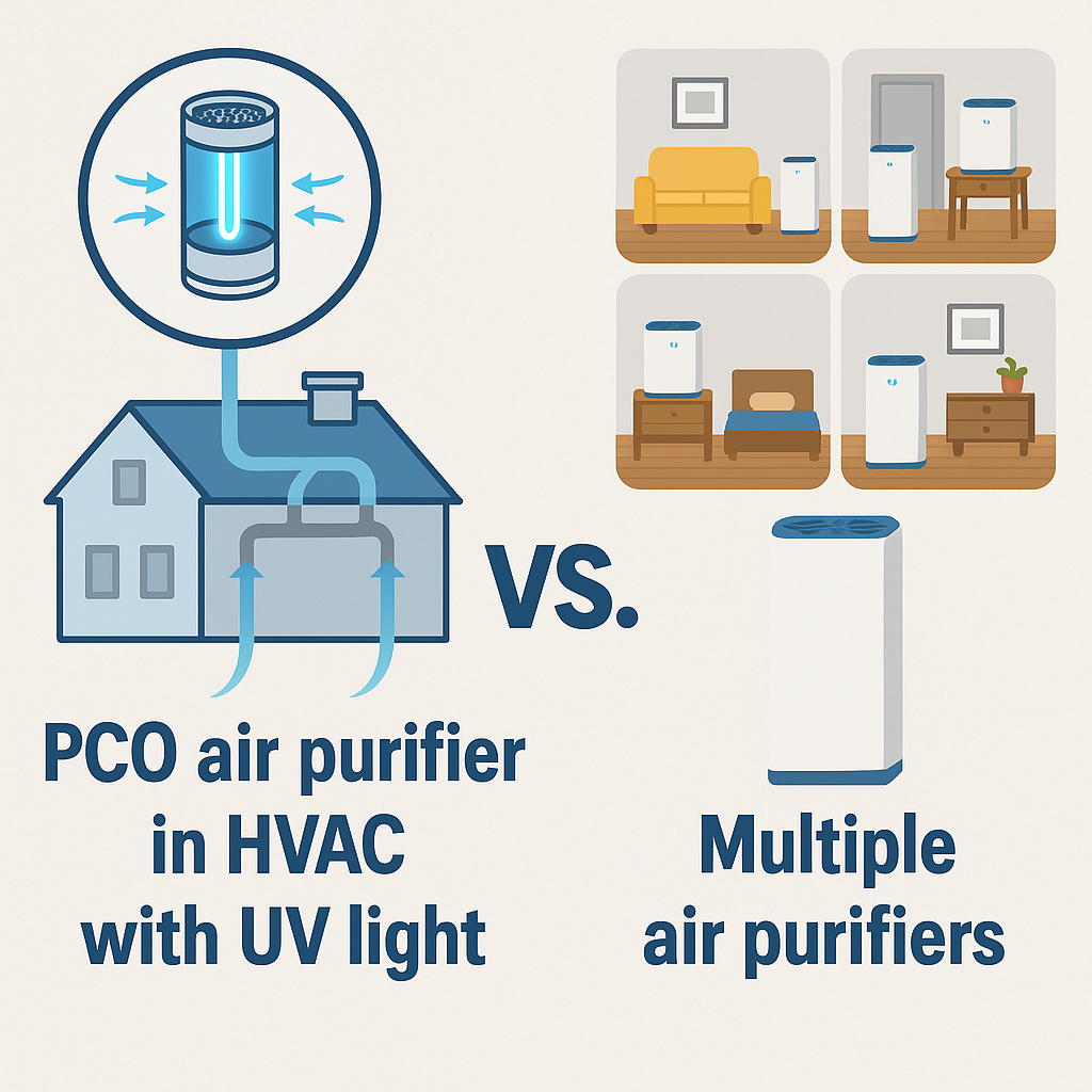 Side-by-side comparison of PCO air purifier in HVAC system versus multiple portable air purifiers in different rooms