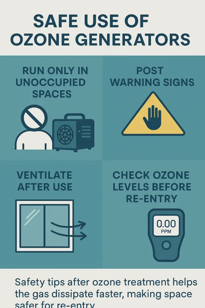 Infographic titled 'Safe Use of Ozone Generators' showing four safety tips: run in unoccupied spaces, post warning signs, ventilate after use, and check ozone levels before re-entry.