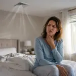 AC Sore Throat: Why It Hurts in the Morning & How to Fix It Person sitting on the edge of a bed with a sore throat while cool air from a ceiling vent blows overhead.