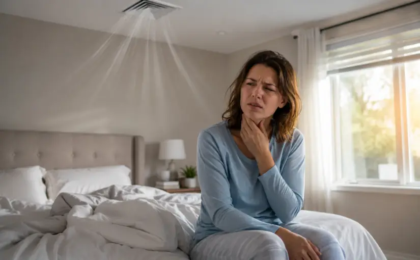 Person sitting on the edge of a bed with a sore throat while cool air from a ceiling vent blows overhead.