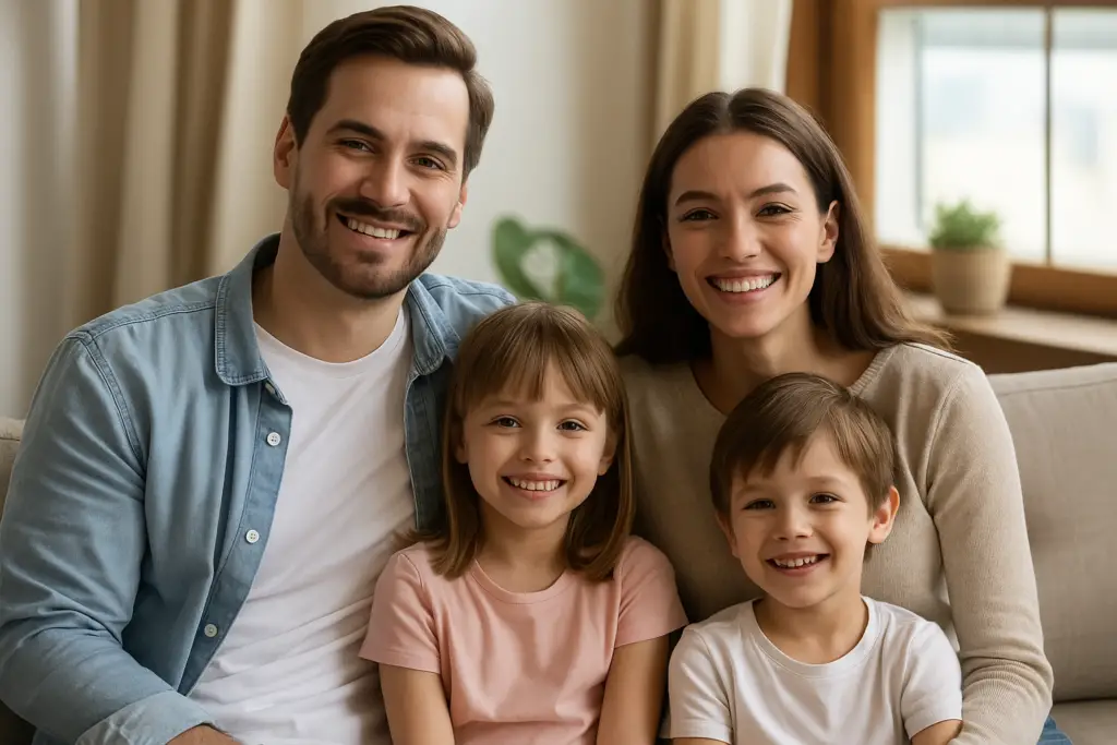 Smiling family enjoying clean indoor air from improved HVAC air quality