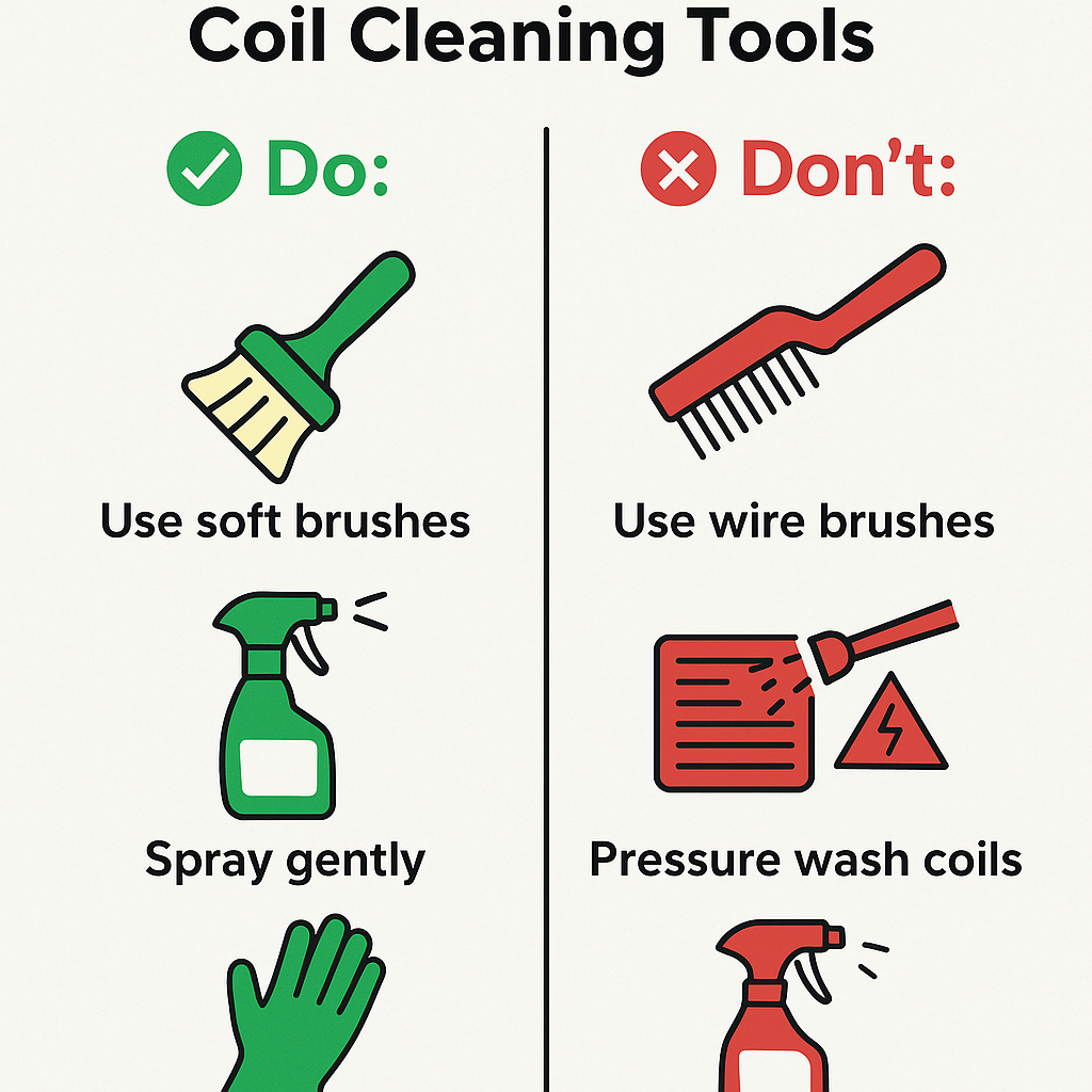 diagram showing proper AC coil cleaning tools vs what not to use
