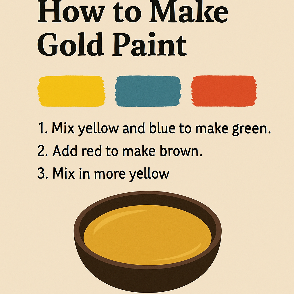 Color mixing steps showing yellow + blue + red to make gold paint