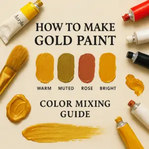 Hero image showing four gold paint swatches labeled warm, muted, rose, and bright with paintbrush and tubes