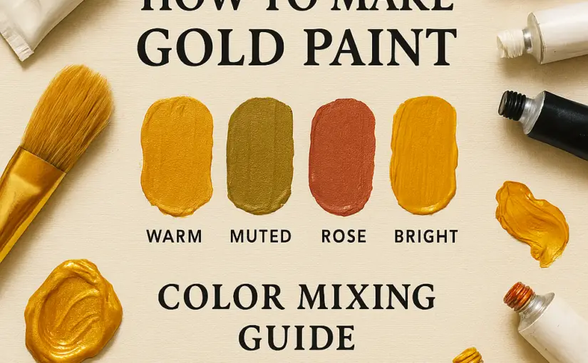 Hero image showing four gold paint swatches labeled warm, muted, rose, and bright with paintbrush and tubes