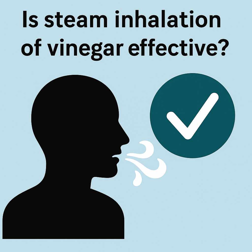 Flat-style graphic showing a head with steam and a checkmark, questioning the effectiveness of inhaling vinegar steam for sinus relief.