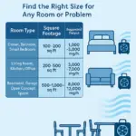 "Table showing room types, square footage, and recommended ozone output in mg/h, with visual icons for beds, couches, and dining tables."