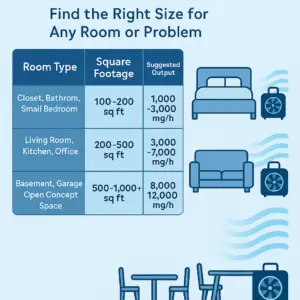 "Table showing room types, square footage, and recommended ozone output in mg/h, with visual icons for beds, couches, and dining tables."
