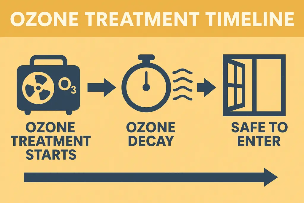 Timeline showing ozone treatment process from machine startup, ozone decay phase, to safe reentry with ventilation icon."