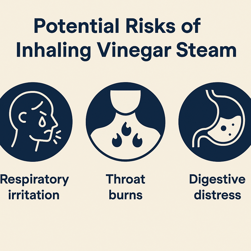 Visual list of three risks: respiratory irritation, throat burns, and digestive issues related to vinegar steam inhalation.