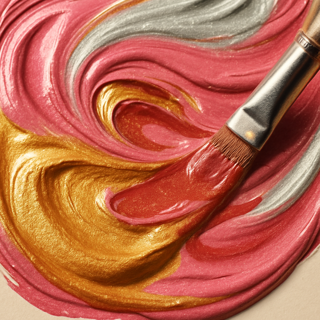 Paintbrush blending rose gold using pink, gold, and silver in a thick swirl