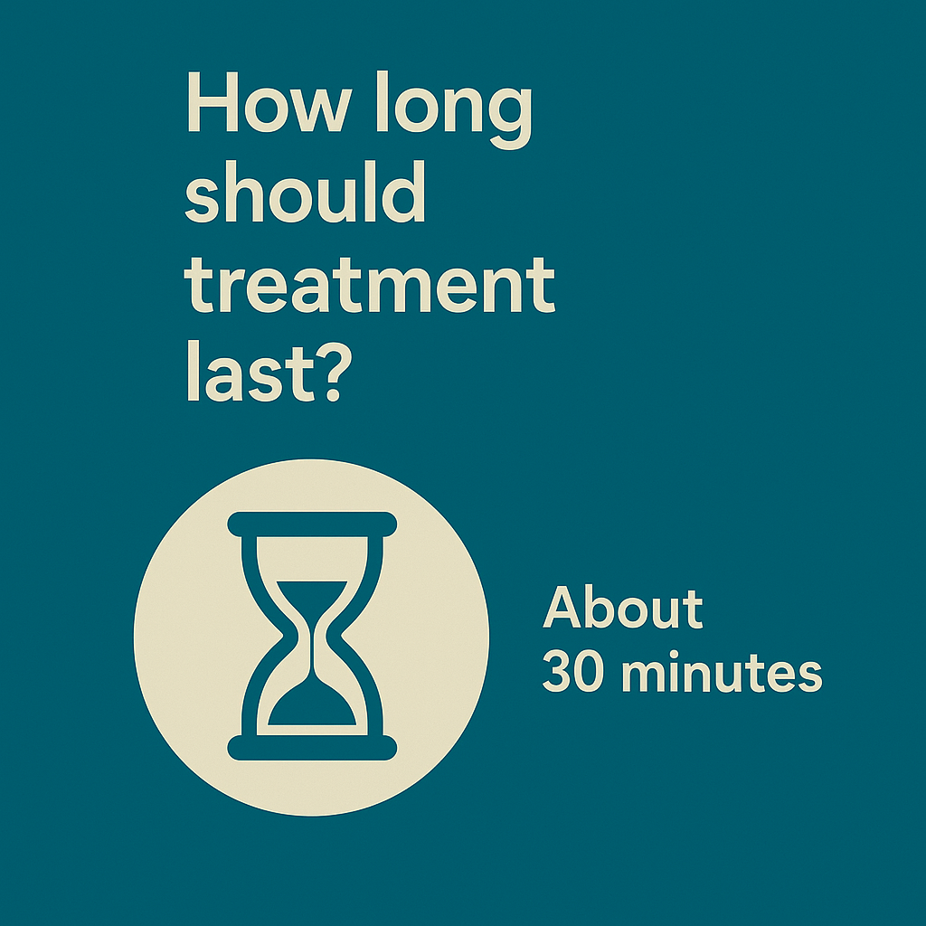 Flat design showing recommended ozone treatment time with hourglass icon and the text 'About 30 minutes.'"