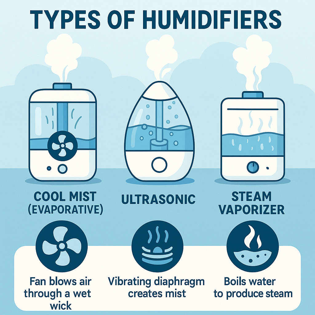 Types of humidifiers – comparison chart of cool mist, ultrasonic, and steam humidifiers with icons