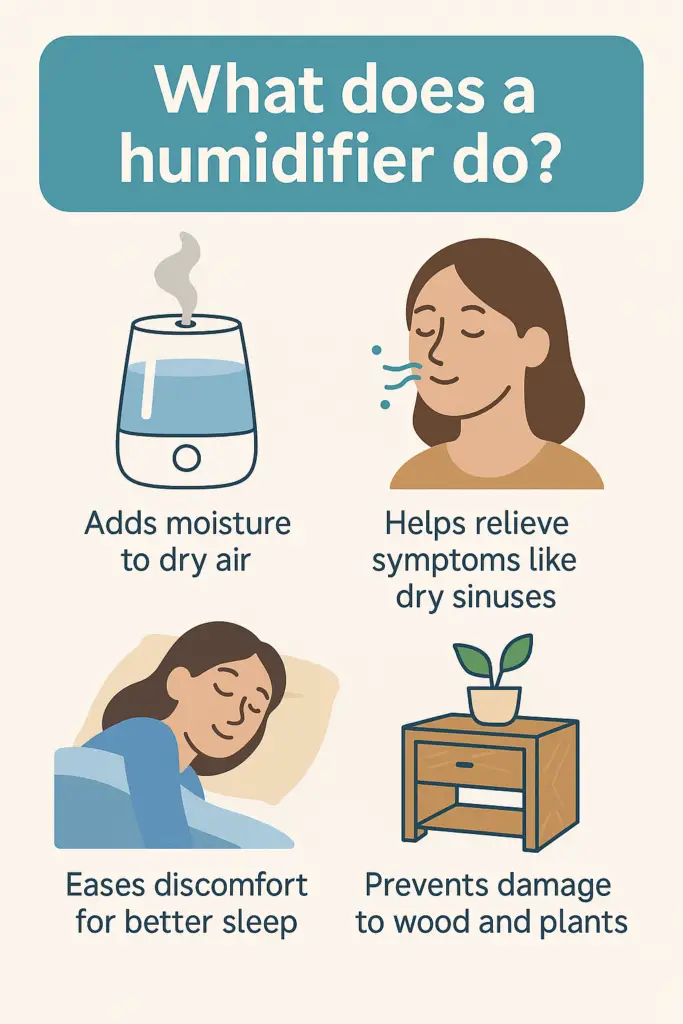 What does a humidifier do? – infographic showing health and comfort benefits like dry skin relief, sinus help, and wood protection