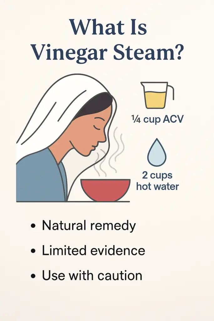 Illustration of a woman inhaling vinegar steam over a bowl with text showing ingredients and a warning to use caution.