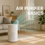Modern white air purifier in bright living room with clean air effect.