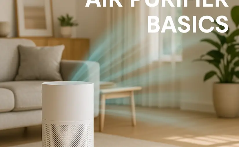 Modern white air purifier in bright living room with clean air effect.