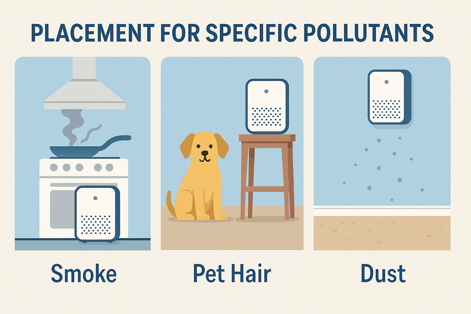 Air purifier placement for smoke, pet hair, and dust showing ideal locations near stove, raised pet area, and high wall mount to reduce allergens.