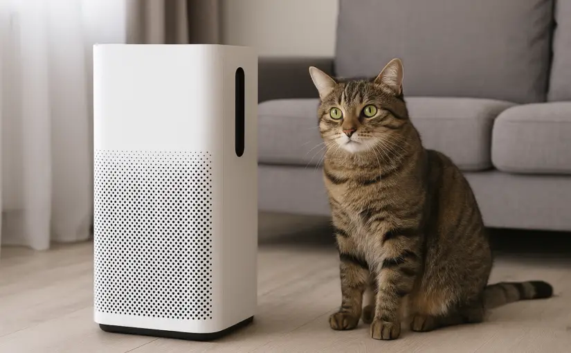 Domestic tabby cat sitting next to a sleek white air purifier in a modern living room with gray sofa, representing pet hair and dander allergy solutions.