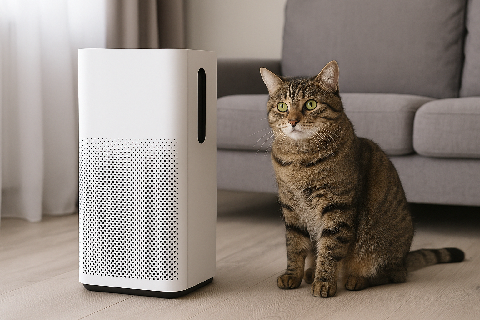 Domestic tabby cat sitting next to a sleek white air purifier in a modern living room with gray sofa, representing pet hair and dander allergy solutions.