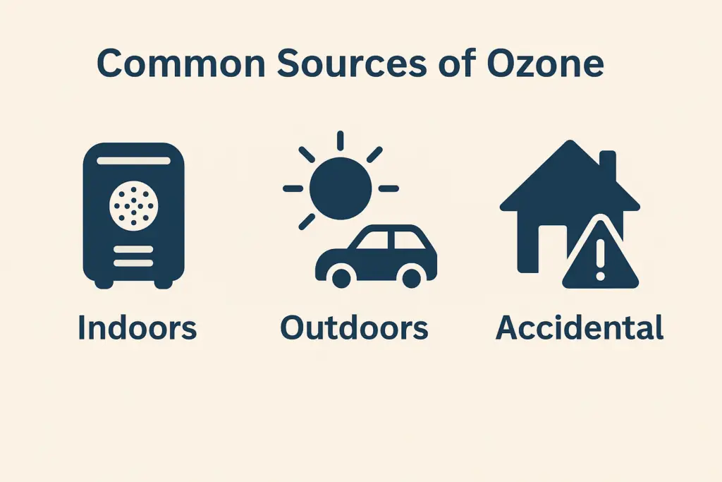 Infographic showing common sources of ozone exposure including indoor ozone machines, outdoor smog, and accidental use at home.