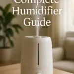 The Complete Humidifier Guide: Types, Benefits, Usage Tips and Safety Complete Humidifier Guide – modern ultrasonic humidifier emitting mist on a light wooden table in a softly lit living room, with overlay text “Complete Humidifier Guide” in white.