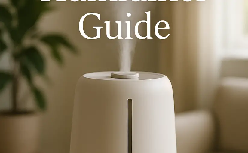 Complete Humidifier Guide – modern ultrasonic humidifier emitting mist on a light wooden table in a softly lit living room, with overlay text “Complete Humidifier Guide” in white.