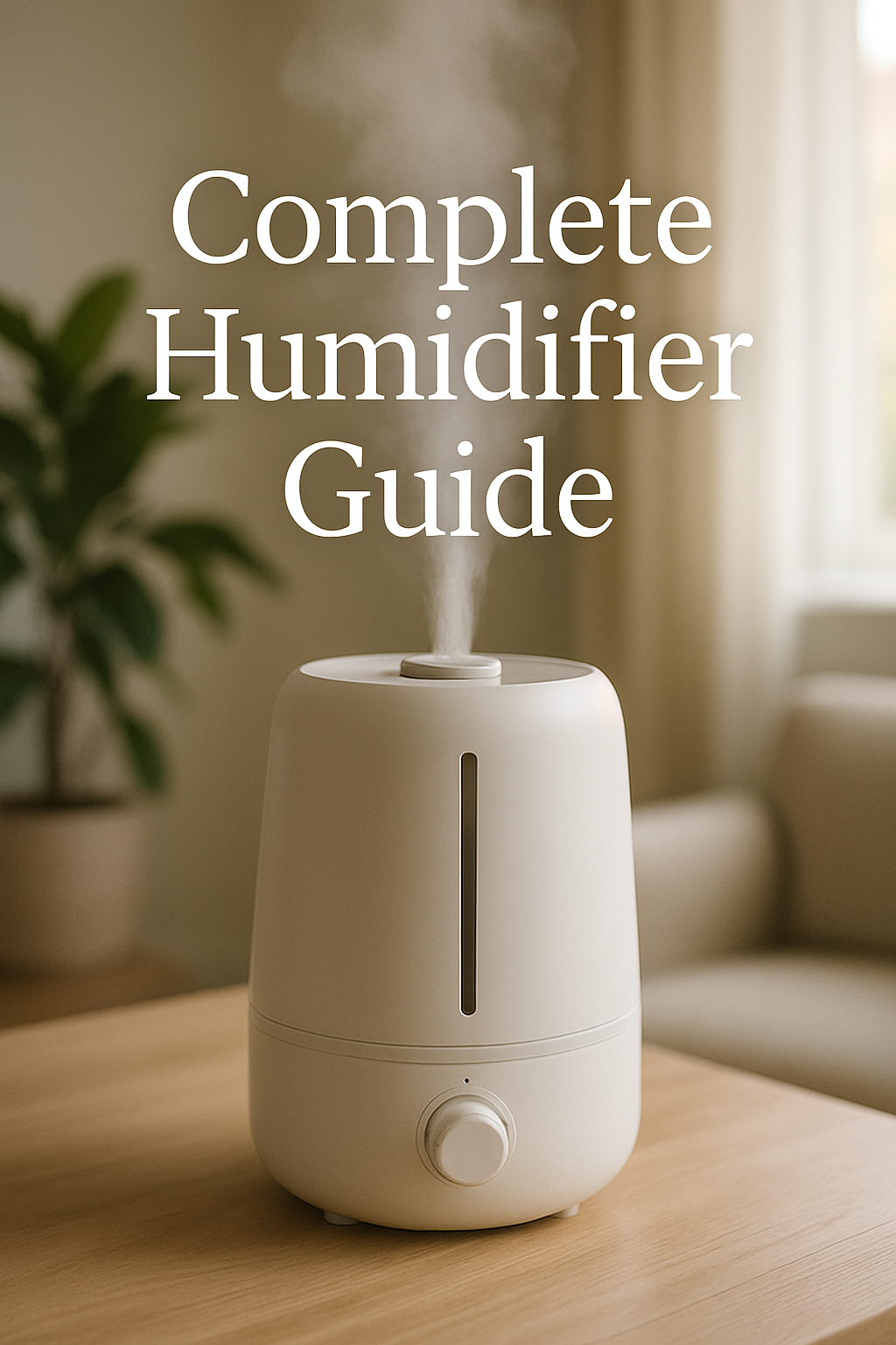 Complete Humidifier Guide – modern ultrasonic humidifier emitting mist on a light wooden table in a softly lit living room, with overlay text “Complete Humidifier Guide” in white.