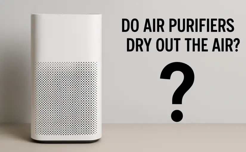 Realistic air purifier with large question mark and text asking “Do air purifiers dry out the air?”